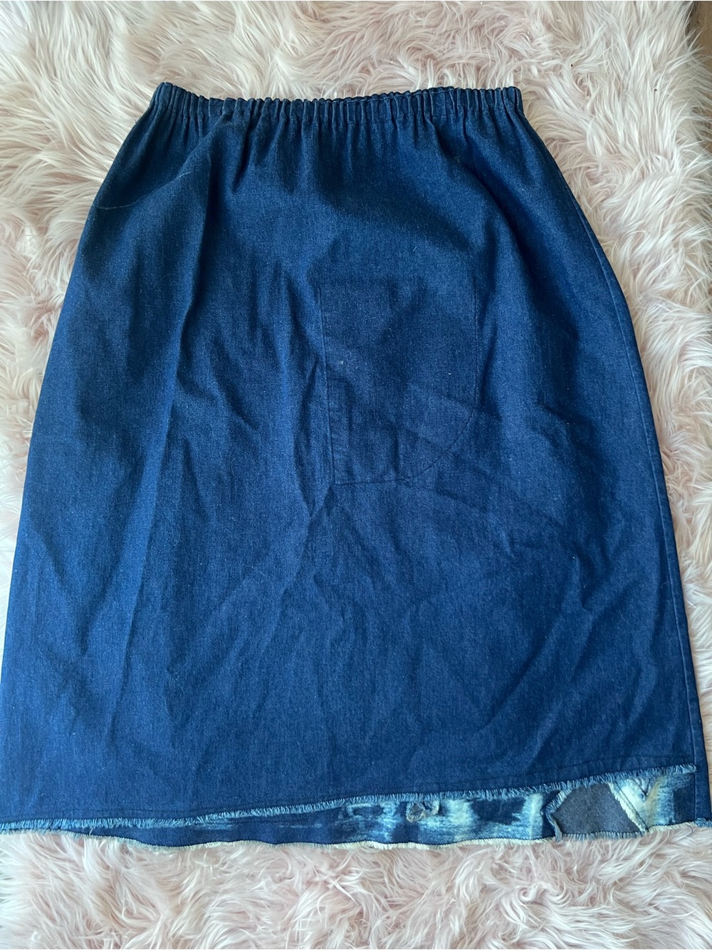 Handmade Elastic-Waist Dark Navy Midi Denim Skirt